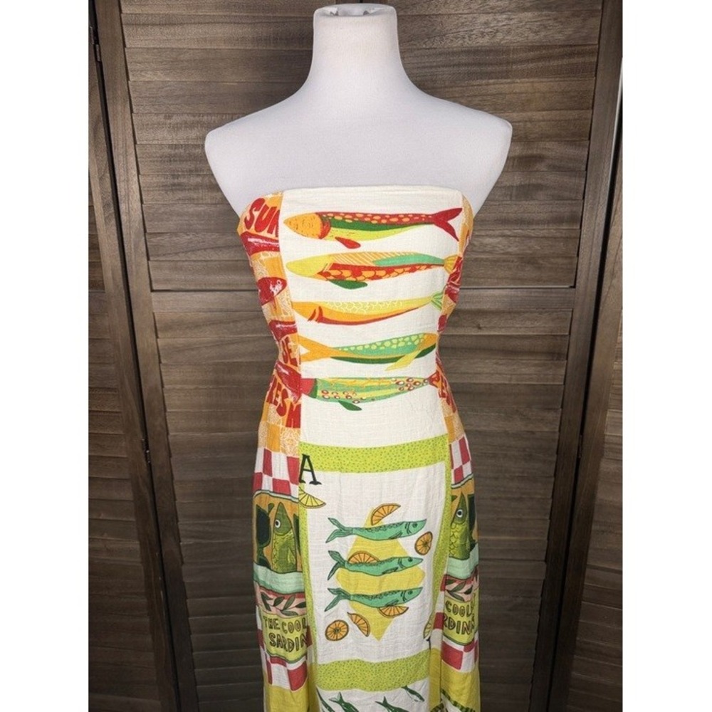 Paper Heart Sardine Print Strapless Maxi Dress XS Linen Blend TPH24034D Multi - Picture 4 of 10